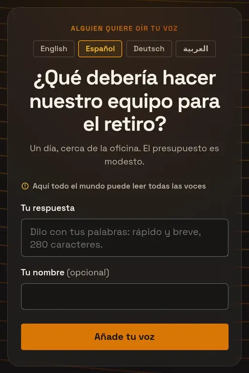 A phone showing the respond page in Spanish: a row of language pills reading English, Español, Deutsch, and Arabic under the heading, the question in Spanish, and the reply form labelled in Spanish.